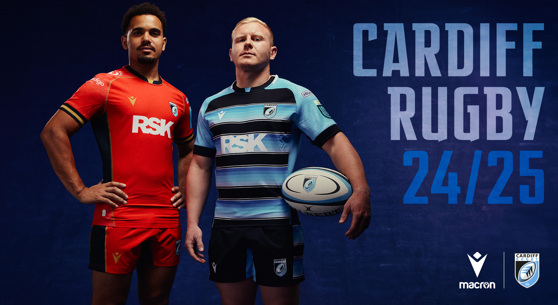 Cardiff Rugby’s new Game Kits for 24-25. Sky blue and black for the Home Kit, red, black and gold for the Away